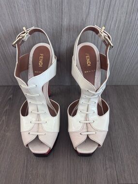 Fendi Cream Patent Leather Peep-Toe Slingback Heels